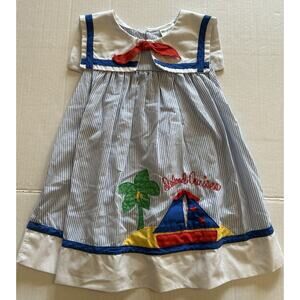 Vtg Mayfair Sailor Girl Dress Size 4T Blue White Striped Red Bow Collar 1980s